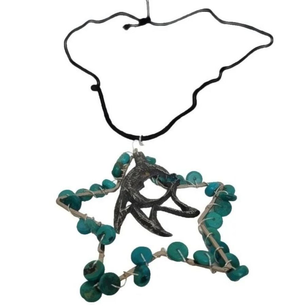 Turquoise Wire Wrapped Star Nylon Cord Zodiac Cresant Moon Necklace